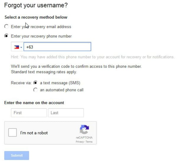 återställ Gmail-lösenordet på Android-skicka in processen