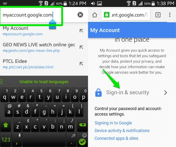 återställ Gmail-lösenordet på Android - hitta alternativet Inloggning och säkerhet