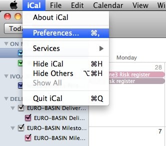 مزامنة iCal مع iphone - الخطوة 1 لتفضيلات النظام في iCal