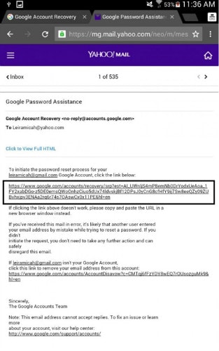 android Google sıfırlama bağlantısı