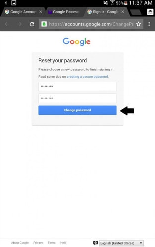 Android Google réinitialiser le mot de passe entrer un nouveau mot de passe