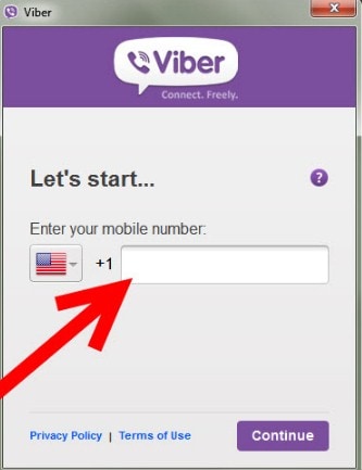 skriv inn mobilnummeret ditt for å installere Viber for PC