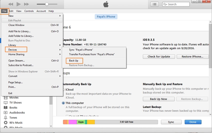 Esegui il backup di iPhone su disco rigido esterno con iTunes