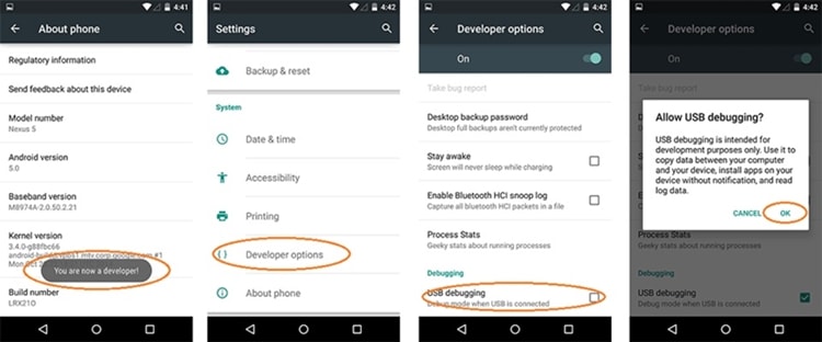 backup completo do Android - ative a depuração usb