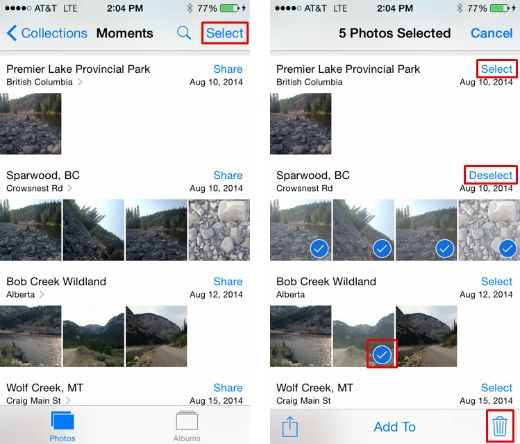 hvordan man sletter billeder fra iphone-select