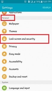 skonfiguruj ekran blokady wzoru Androida - w sekcji osobistej lub prywatności