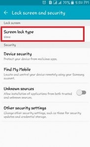 skonfiguruj blokadę ekranu Androida - dotknij funkcji „Typ blokady ekranu”