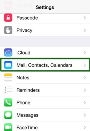 correo de iphone, contactos, configuración de calendario