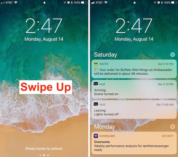 شاشة قفل iphone مع إخطار الوصول إلى الإشعارات على نظام iOS 11