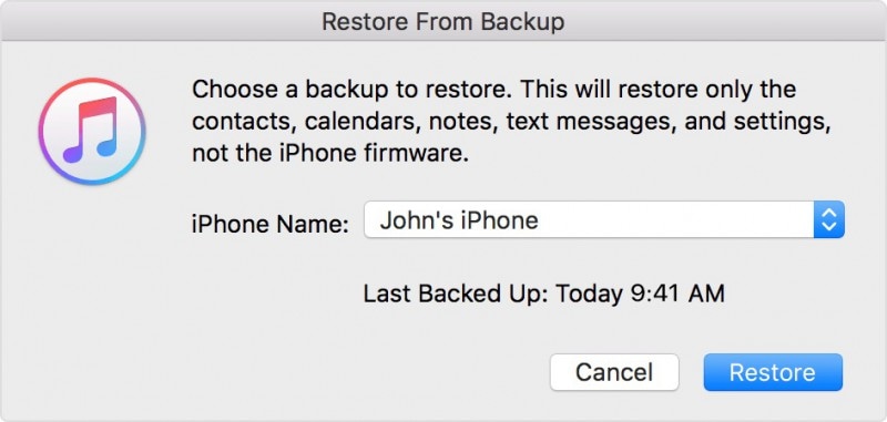 restaurar un archivo de copia de seguridad a través de iTunes