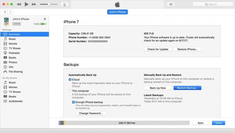 Restaurar datos desde una copia de seguridad de iTunes: seleccione 