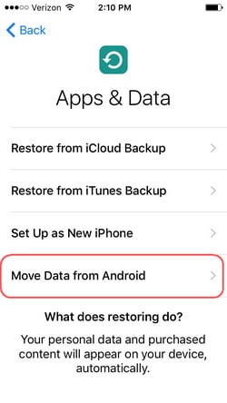 importovat kontakty do iPhone XS (Max) z Androidu pomocí přesunu do ios
