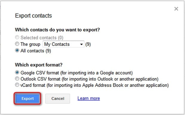 zapisz kontakty z Gmaila jako plik vcard