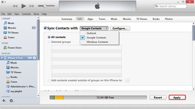 synchroniseer iphone-contacten met itunes naar gmail