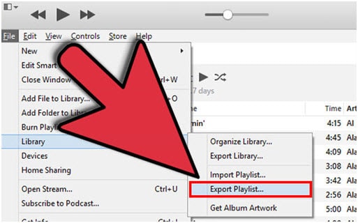 Exporte la lista de reproducción de iTunes con archivos de música a través de iTunes: seleccione Exportar lista de reproducción