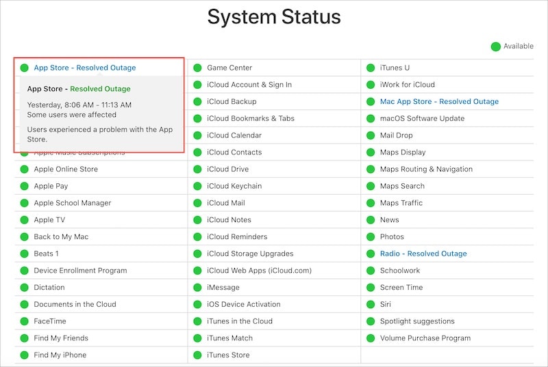 statussiden for Apple-systemet
