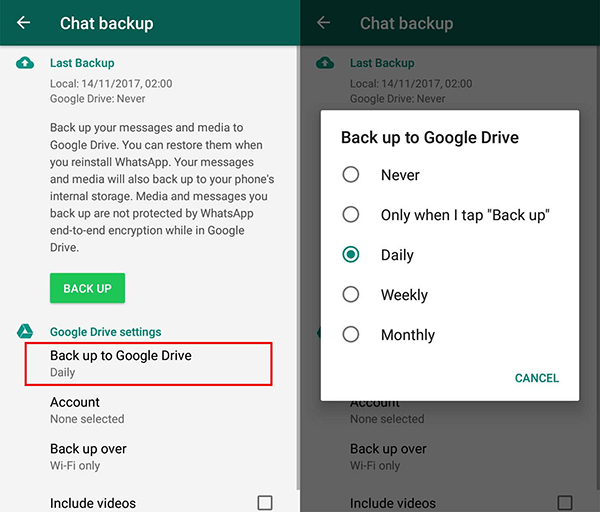 aktivera backup av WhatsApp-meddelanden på Android
