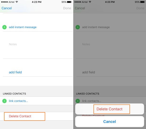 Confirmer pour supprimer les contacts locaux sur iPhone