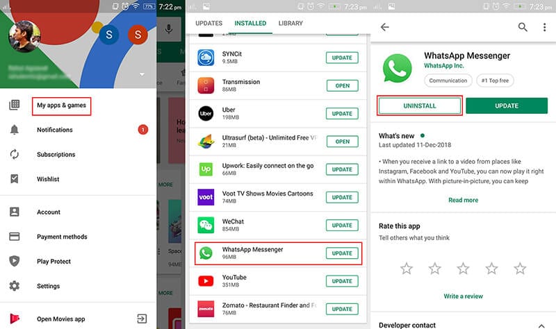 usuń konto WhatsApp za pomocą Google Play