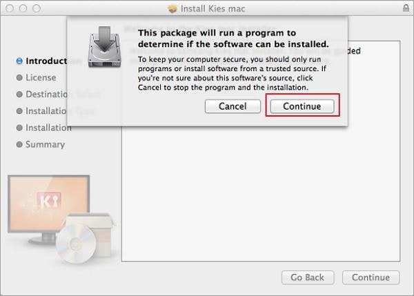descargue e instale kies para mac: haga clic en kiesMac.pkg