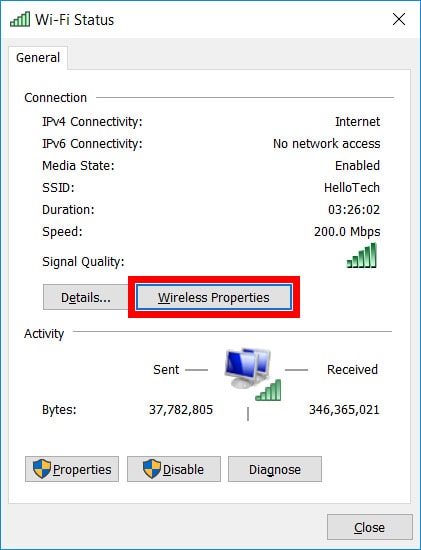 Windowsネットワークワイヤレスプロパティ
