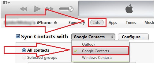 انقل جهات اتصال iPhone إلى Gmail باستخدام iTunes