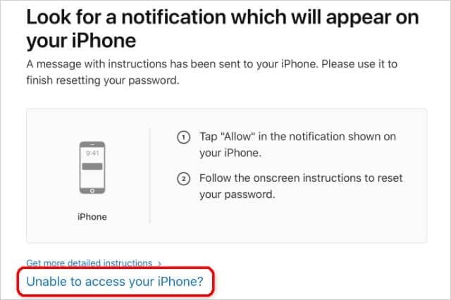 اضغط على خيار غير قادر على الوصول إلى جهاز iPhone الخاص بك