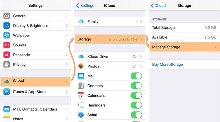 configuração de backup de armazenamento do iCloud Gerenciar armazenamento