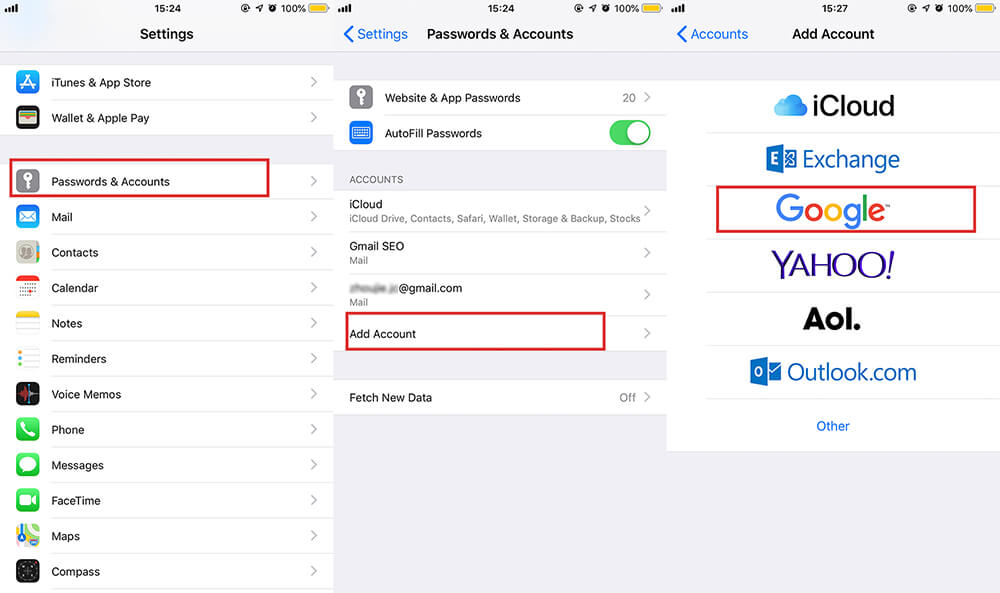 importovat kontakty do iPhone XS (Max) - přidat účet gmail