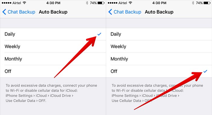 ios 12 whatsapp problemas e soluções - Desative a opção de backup automático