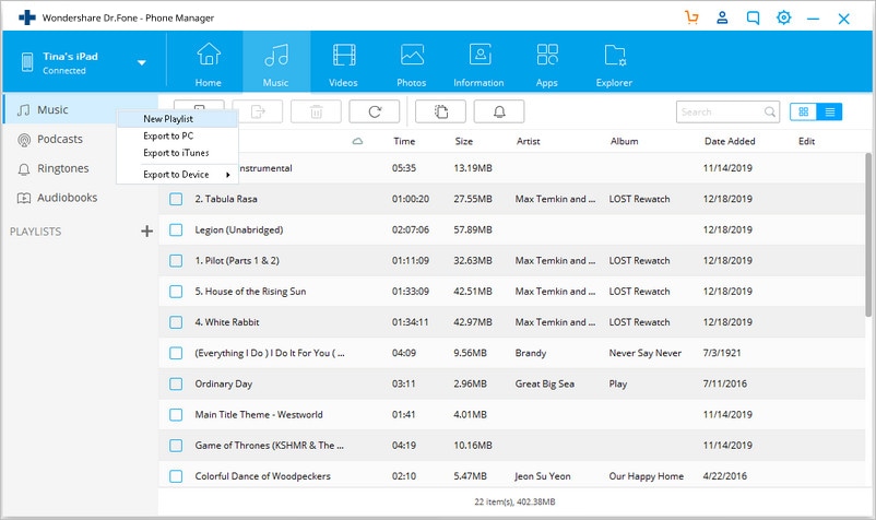 Copia de seguridad de archivos del iPad en un disco duro externo - lista de reproducción