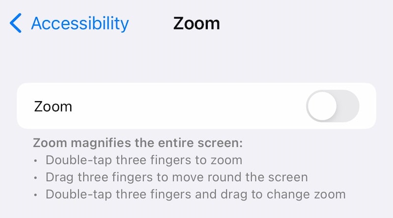 desativar o zoom da tela no iphone