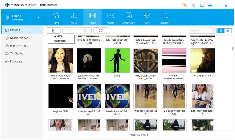 överföra videor från PC till iPhone - Lägg till mapp eller Lägg till filer