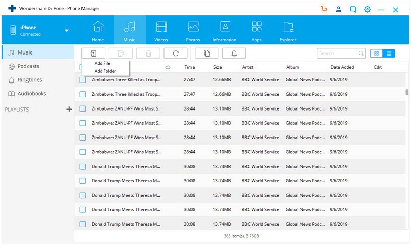dodaj muzykę za pomocą DrFoneTool ios transfer