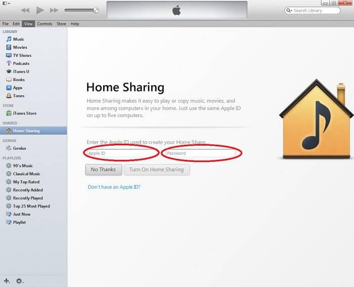iTunes 홈 공유 설정 - Apple ID 입력