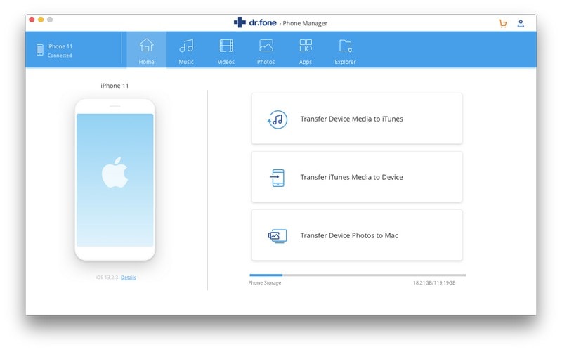 Come utilizzare AirDropda Mac a iPhone - Avvia DrFoneTool - Gestione telefono (iOS) e collega iPhone