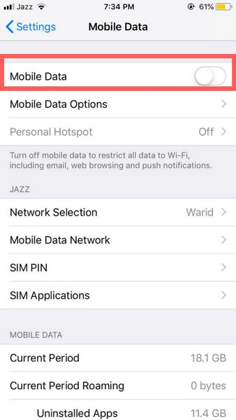 nastavení mobilních dat v iphone