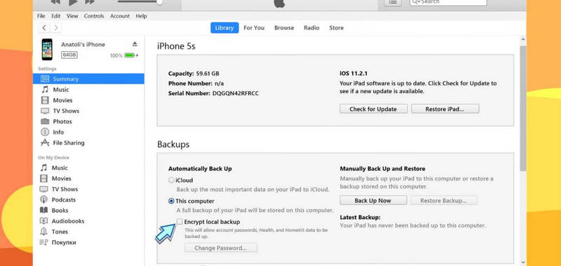 Konfiguracja iTunes - wykonaj kopię zapasową iPhone