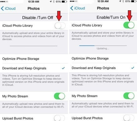 billeder forsvandt efter iOS 12-opdatering - Nulstil iCloud-fotobibliotek