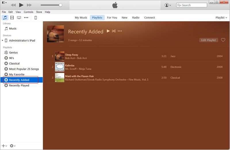 Transferir MP3 para iPad com iTunes: Adicionado recentemente