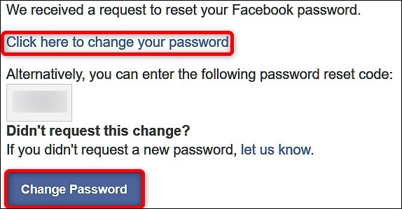 Facebookのパスワードを変更するメール