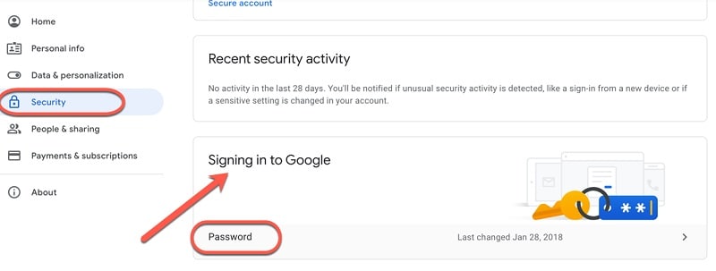 Passworteinstellungen für das Google-Konto