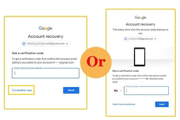 opções de recuperação de senha do Gmail