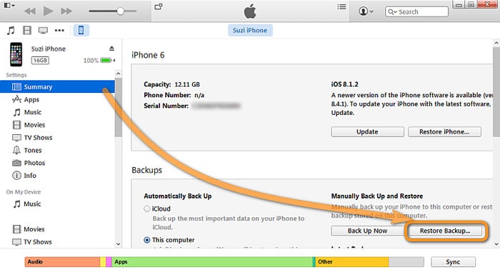 Restaure completamente o iPhone do backup do iTunes