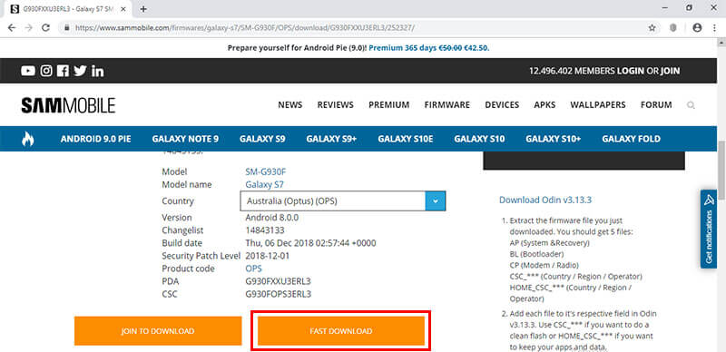 télécharger le micrologiciel samsung depuis sammobile - étape 2