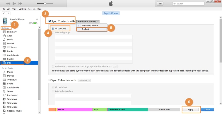 iTunes를 사용하여 Outlook과 iPhone 연락처 동기화