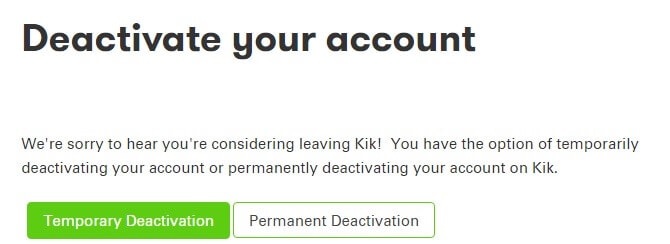 desactivar la cuenta de Kik desde la página de Kik