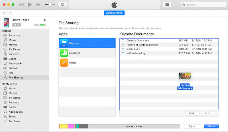 Dra och släpp ﬁler till appar i iTunes fildelningsfönster