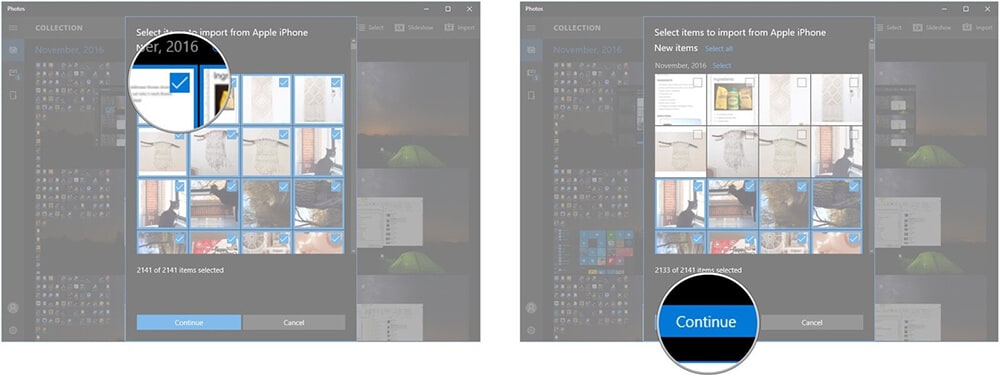download billeder fra iPhone til pc med Windows Photos App - vælg billeder